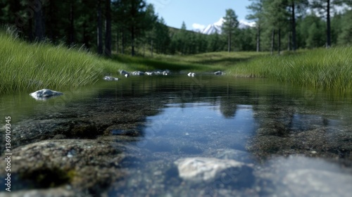Crystal-clear stream flows through a lush meadow, nestled amidst towering pines and a backdrop of snow-capped mountains.  The shallow water reveals rocks and reflections