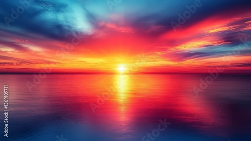 Vivid sunset over ocean, reflecting in water