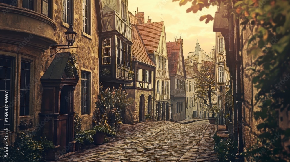Fototapeta premium Cozy Cobbled Street Scene