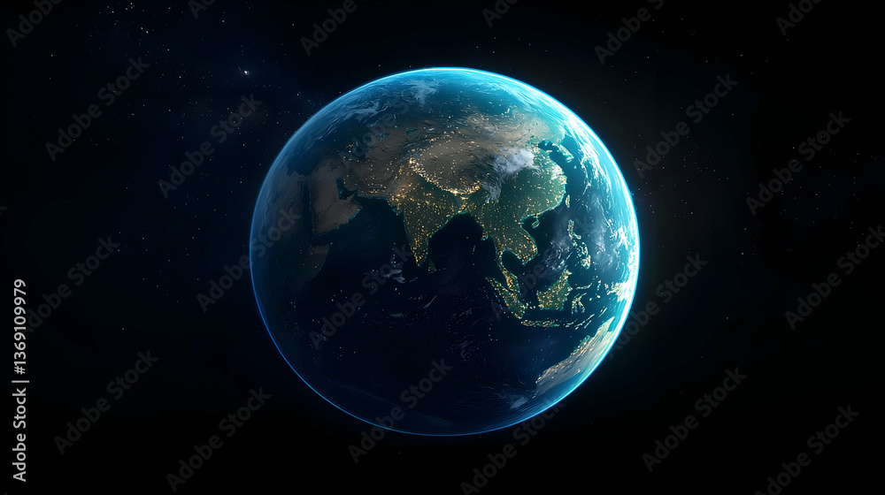 Fototapeta premium Digital Illustration Of Earth At Night With City Lights