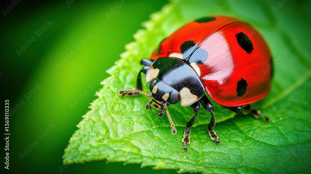 Naklejka premium Close-Up of a Vibrant Ladybug Resting on a Green Leaf in Nature, Highlighting Its Glossy Red Shell and Distinctive Black Spots for Insect Photography
