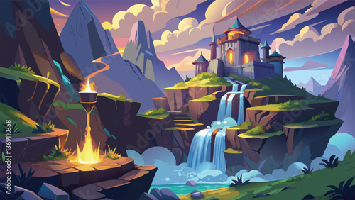 Majestic Fantasy Castle Waterfall Landscape Illustration Digital Art