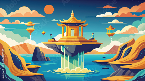 Serene Asian Temple Floating on Water Tranquil Landscape Illustration