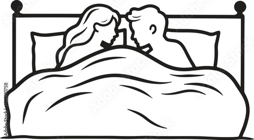 man and woman in bed outline vector illustration isolate on white background