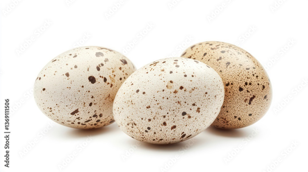Three brown speckled eggs lie on a white background. Fresh uncooked poultry eggs. Natural organic farm produce. Dairy food for breakfast or cooking. Healthy eating concept Three brown speckled eggs lie on a white background. Fresh uncooked poultry eggs. Natural organic farm produce. Dairy food for breakfast or cooking. Healthy eating concept