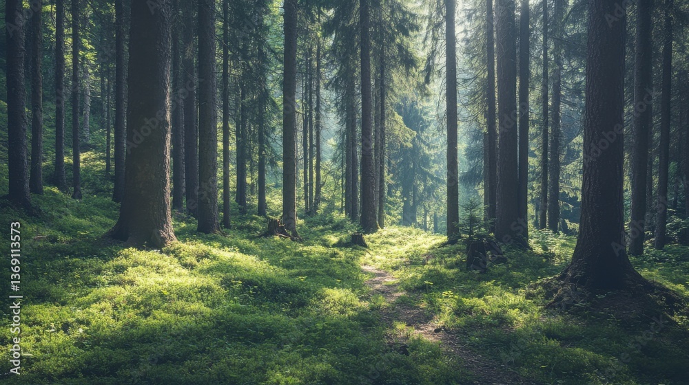 Obraz premium Tranquil Forest Pathway Through Tall Trees Surrounded by Lush Greenery and Soft Illumination in a Serene Natural Landscape