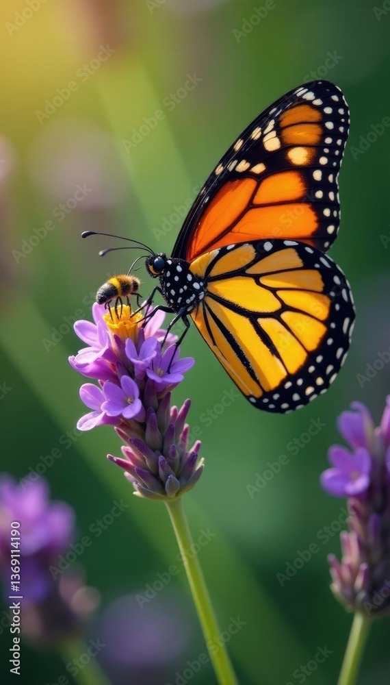 Fototapeta premium Majestic monarch sipping pollen from lavender, insects, pollination