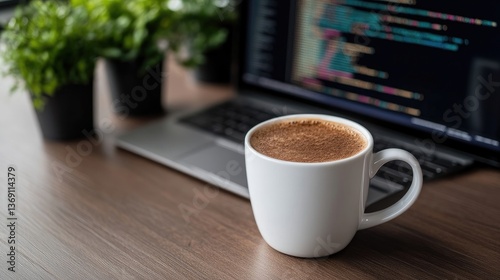 A cup of coffee sits on a desk beside a laptop displaying code