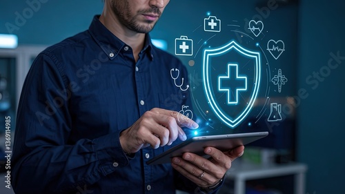 Health and Technology: A man interacts with a digital tablet, a shield of health care, representing the future of healthcare