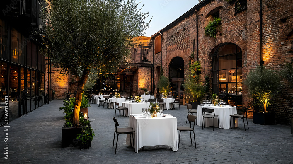 Obraz premium Elegant Outdoor Dining Area Under String Lights