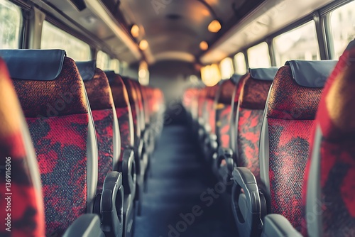 Rows of Bus Seats with Red Fabric Pattern Interiors and Headrests Retro Transportation photo