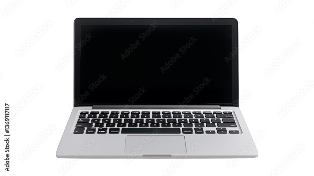 Silver laptop with black screen and keyboard on white background Silver laptop with black screen and keyboard on white background