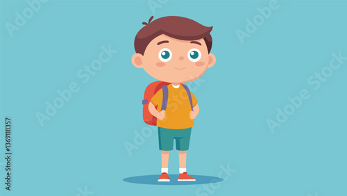 A little boy his eyes shining with anticipation stands tall with his backpack on his back determined to make the most of his first day of school.. Vector illustration