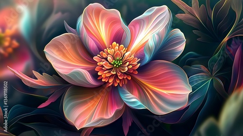 Artistic Colorful Flower with Orange Center and Petals on Dark Background Delicate