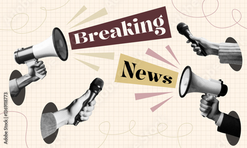 breaking news concept design with hands holding microphones megaphones isolated retro halftone dotted collage cut-out element for urgency communication media journalism announcement broadcasting