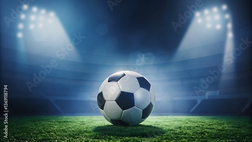 Soccer ball under stadium lights ready for kickoff dramatic night