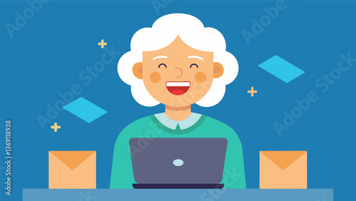 An elderly woman beaming with pride as she successfully sends her first email to a friend who lives overseas.. Vector illustration