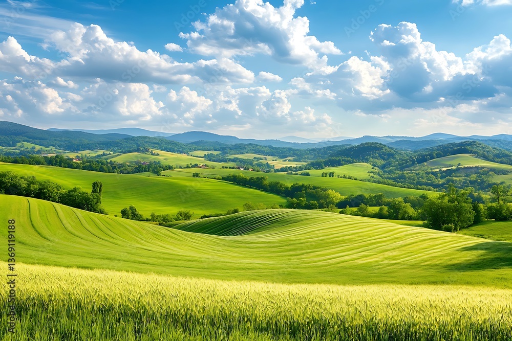 Fototapeta premium Vibrant Green Wheat Field with Rolling Hills Landscape Under a Cloudy Sky