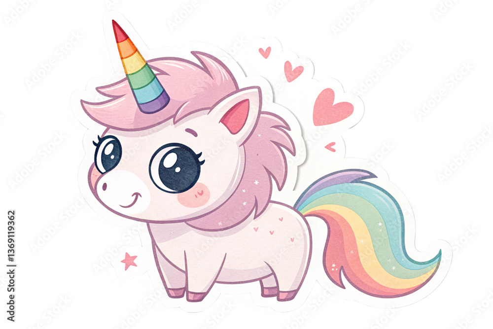 Fototapeta premium Cute unicorn with rainbow horn sticker isolated on transparent background - generated by ai