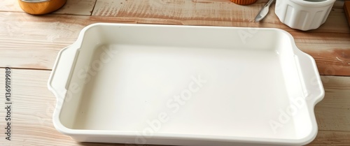 Empty white baking sheet on rustic stone countertop, ready for baking, baking, pastry