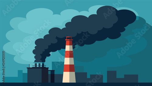 A towering smokestack spewing out plumes of black smoke signaling another day of energy production.. Vector illustration