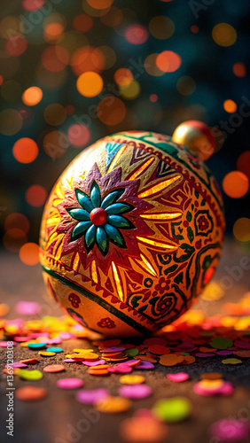 Vibrant Hand-Painted Maraca Surrounded by Colorful Confetti, Perfect for Cinco de Mayo Marketing and Celebration Promotions