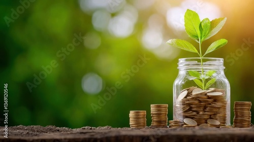 An image depicting the concept of growing financial savings and investment while promoting sustainable development and environmental preservation through the representation of a small plant sprouting