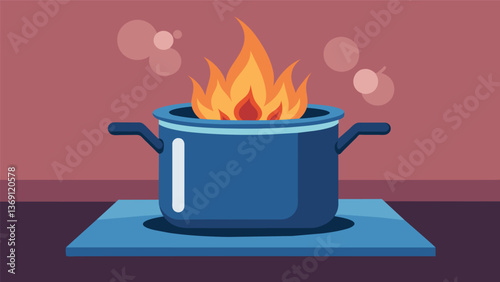 A simmering pot on the stove is heated by the steady gentle flames of natural gas.. Vector illustration