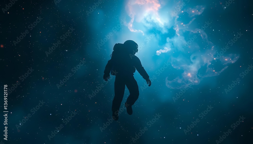 Ethereal astronaut silhouette drifts amidst nebulae, Halloween night cosmic scene,  photography, fantasy