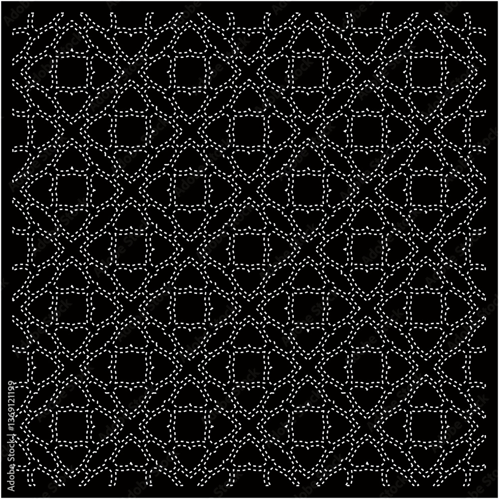Black background with figures from dots. Black and white pattern for web page, textures, card, poster, fabric, textile. Repeating design. Black background with figures from dots. Black and white pattern for web page, textures, card, poster, fabric, textile. Repeating design.