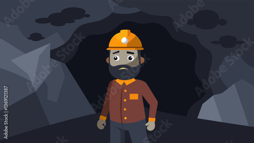 A miner stands inside a dark coal shaft his face coated in soot and sweat as he surveys the walls for the next section to be excavated.. Vector illustration