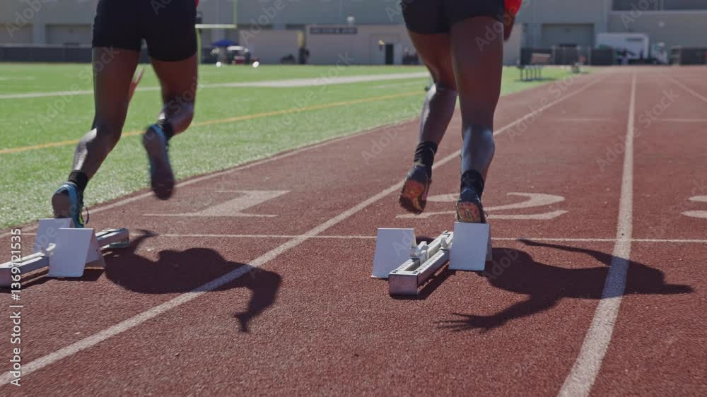 Two high school runners sprint off of starting block on a practice track