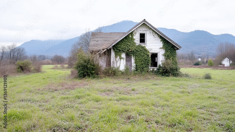 Abandoned farmhouse overgrown with ivy in a rural landscape Abandoned farmhouse overgrown with ivy in a rural landscape