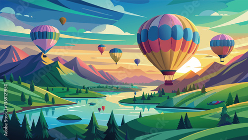 Stunning Sunset Landscape with Colorful Hot Air Balloons Floating Over Rolling Hills and River