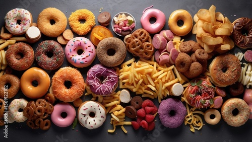 High-angle, full shot of various unhealthy foods.