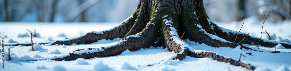 Fototapeta premium Twisted tree roots visible through snowy layer, frost, landscape