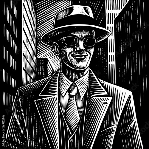 A confident mafioso in a suit and sunglasses, in a vintage sketch style with an engraved look. Black and white vector illustration.