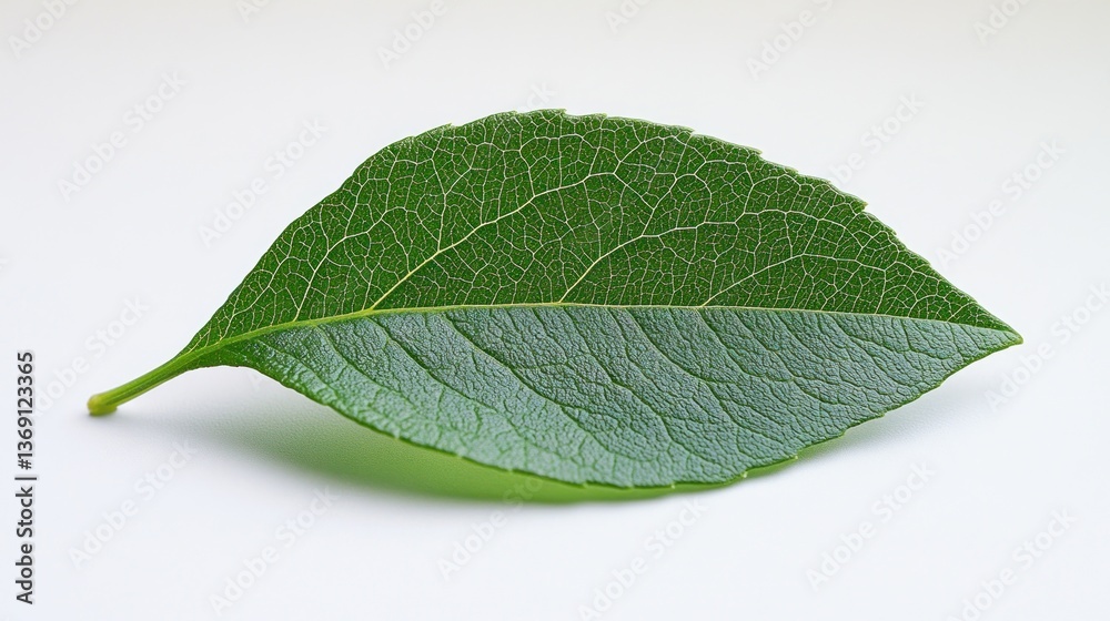 Obraz premium Close-up of single green leaf on white background