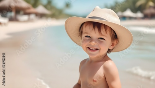 Happy little child in a hat on the beach. With empty copyspace. Portrait close up smiling