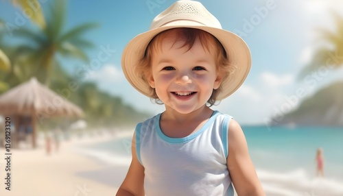 Smiling little child in a hat on the beach