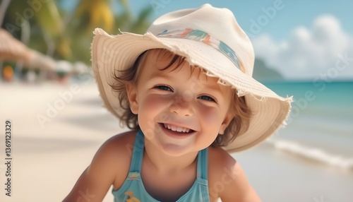 Smiling little child in a hat on the beach