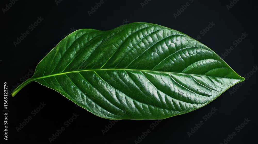 Obraz premium Close-up of a vibrant green leaf on a dark background