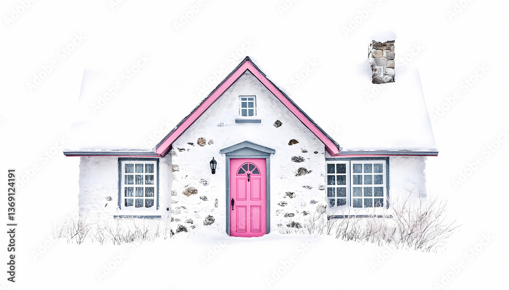 Fototapeta premium Pink Door Cottage Winter Snow Scene