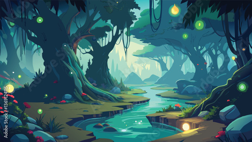 Enchanting Fantasy Forest River Scene Magical Landscape Illustration Artwork