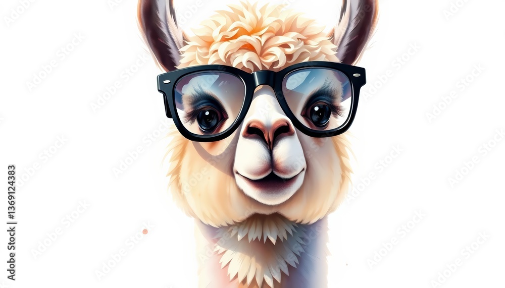Fototapeta premium Adorable alpaca wearing black glasses, watercolor style, adorable, cute
