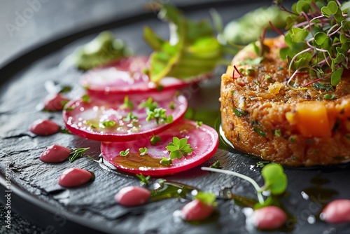 Vegan lentil walnut pt quenelle served with pickled radish photo