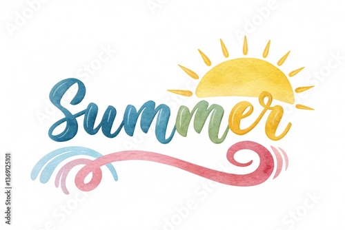 Summer Watercolor Typography with Sun on White Background
