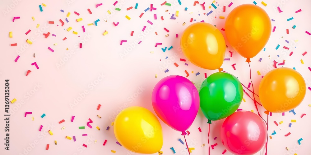 Fototapeta premium Flat lay birthday card design with colorful balloons and confetti on pastel background, modern, cheerful