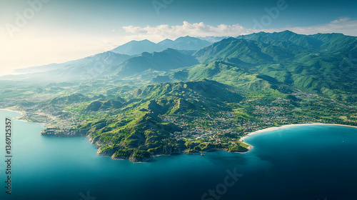 Wallpaper Mural Aerial View Of Lush Coastal Cityscape With Mountains And Ocean Torontodigital.ca