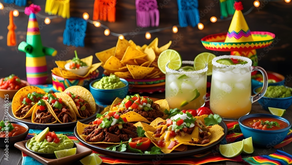 Cinco de Mayo food spread with tacos, guacamole, nachos, salsa, margaritas, and festive decorations